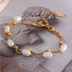 New 18k Gold Natural Pearl Double Strand Chain Bracelet